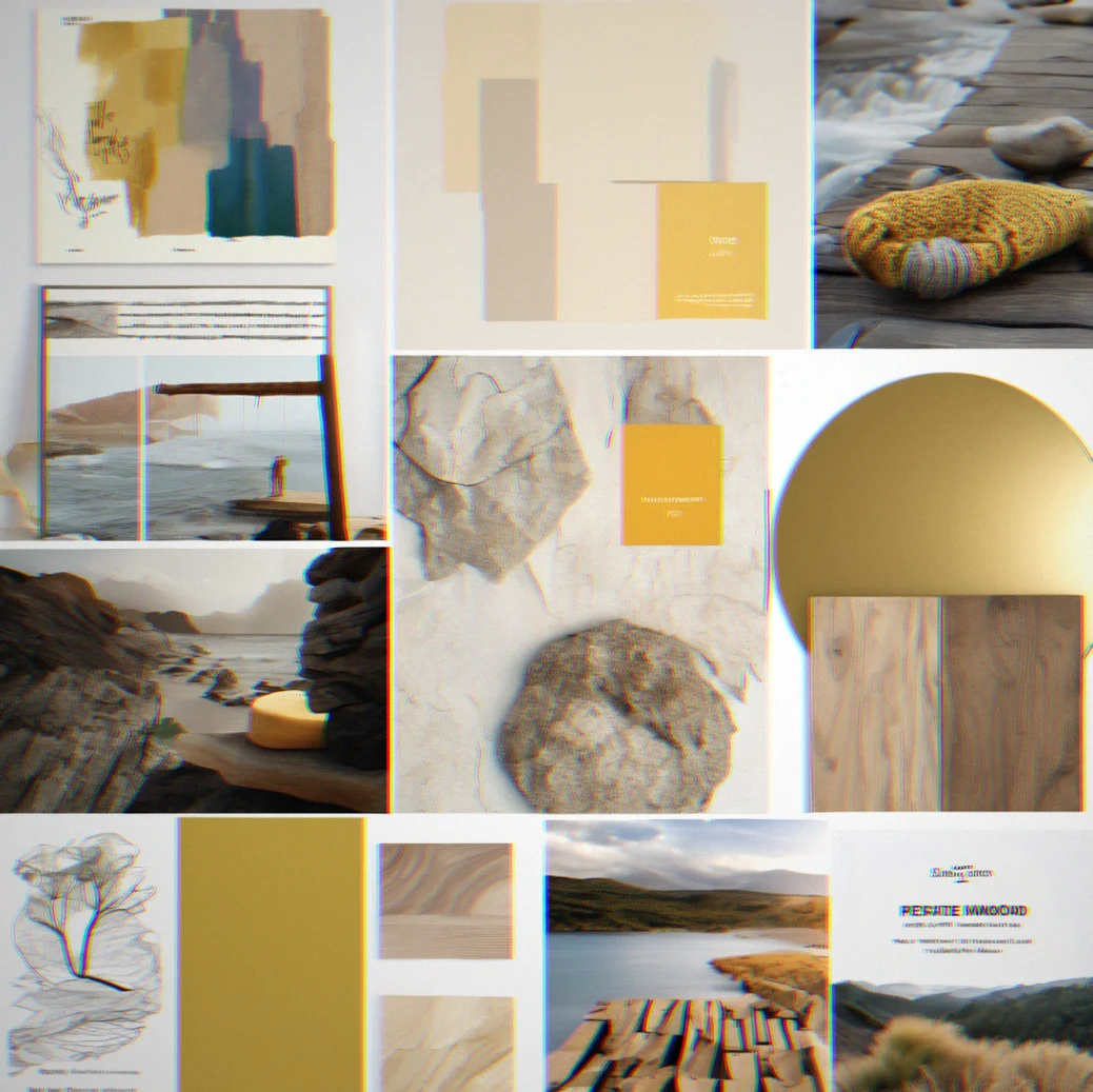 Curated mood board with annotated color systems and typography hierarchy examples